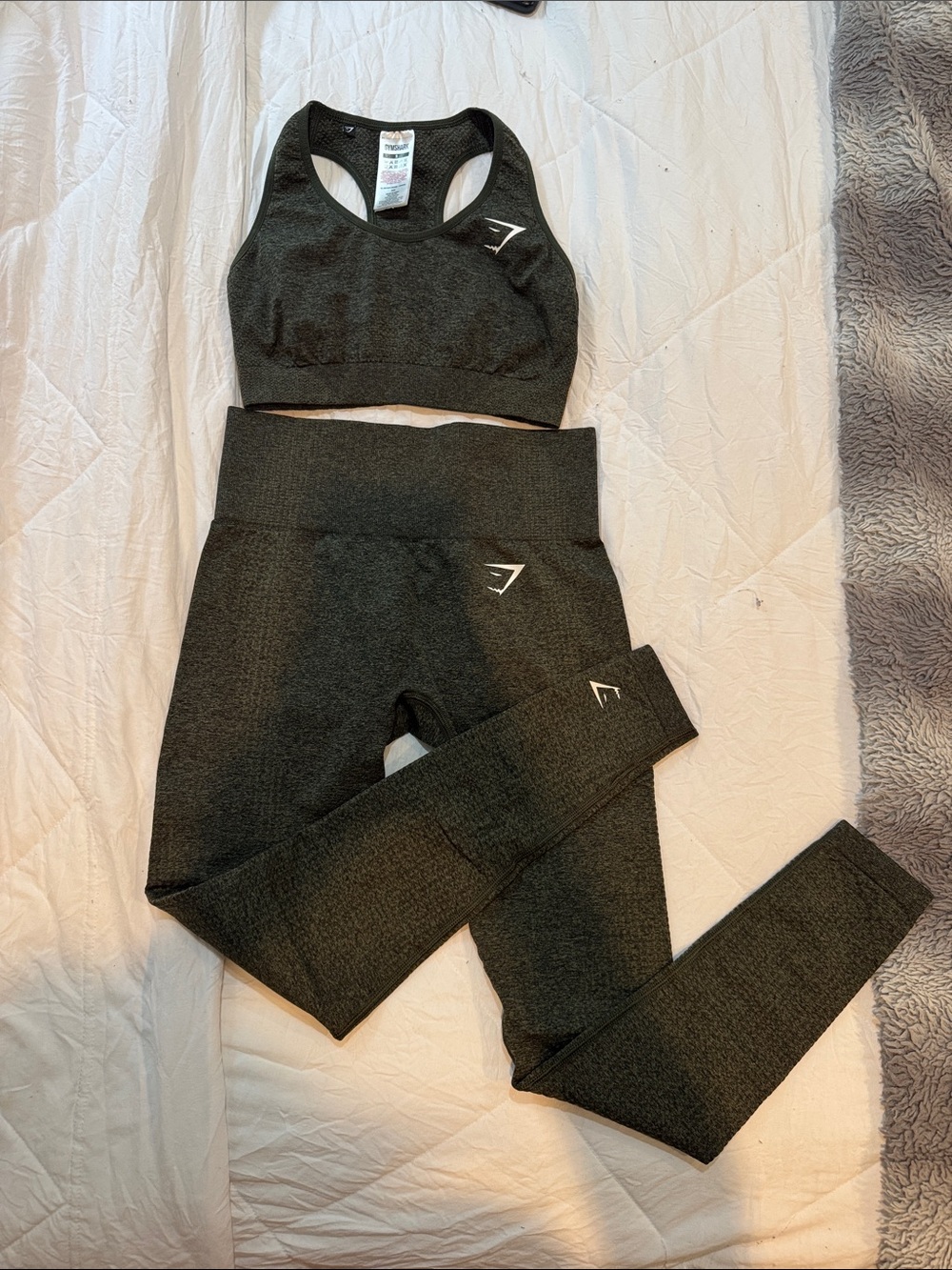 Gymshark Dark Olive Seamless Set Racerback Sports Bra and leggings